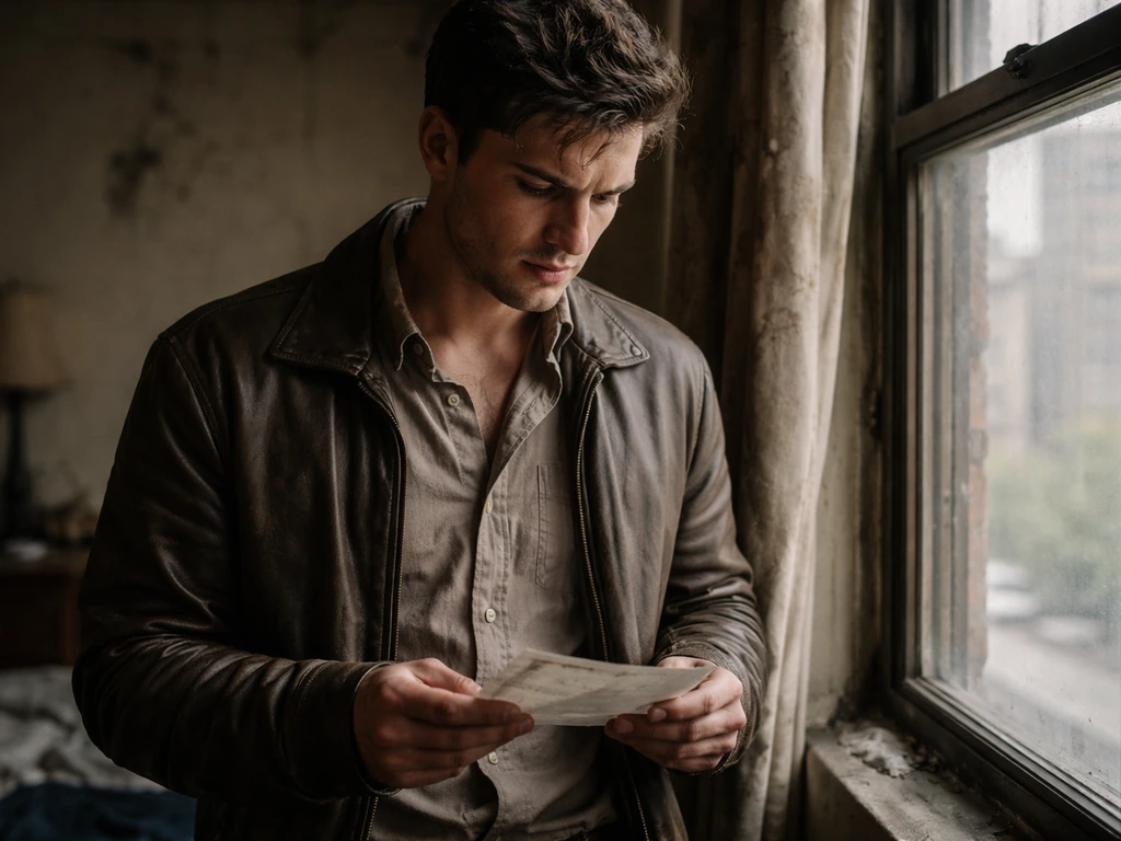 A gritty young man in worn clothes in a dim, cluttered room, suggesting debt and poverty