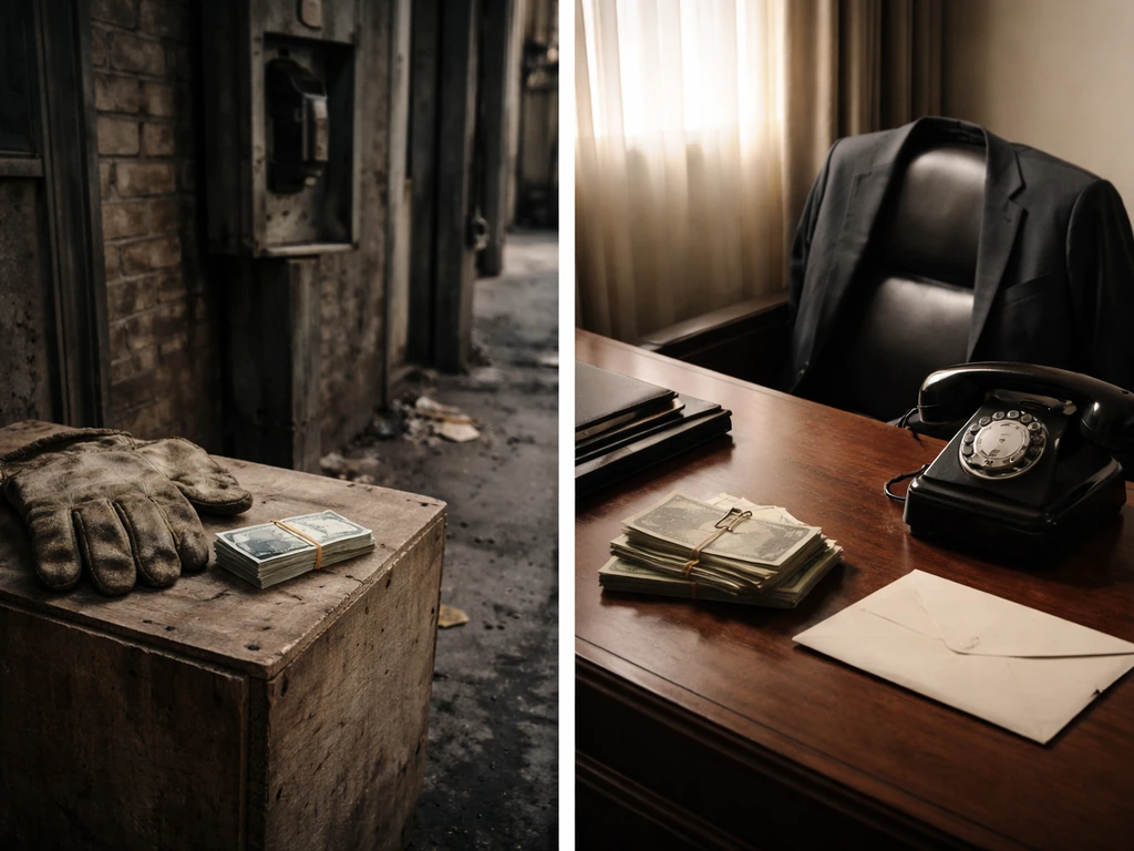 Minimal scene with old cash and gloves beside a suit and envelope, symbolizing early vs later money phases.