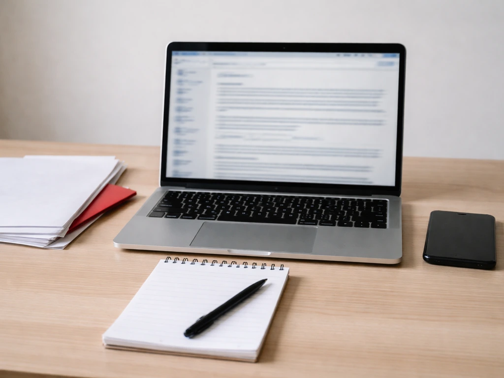 Minimal desk scene with laptop and documents symbolizing comparing reliable sources and red flags.