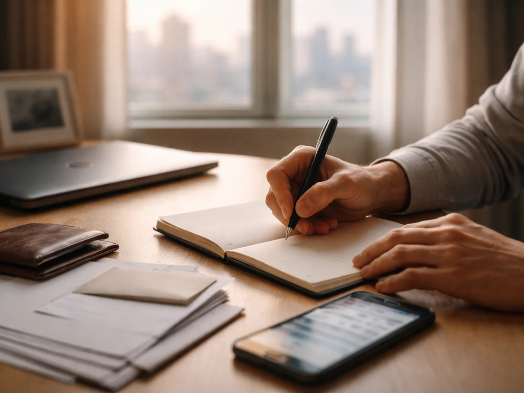 Minimal desk scene with a notebook, pen, and a city view suggesting public-source financial estimation