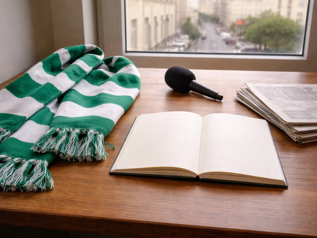 Soccer scouting items and Austrian colors on a desk, suggesting identifying the right footballer.