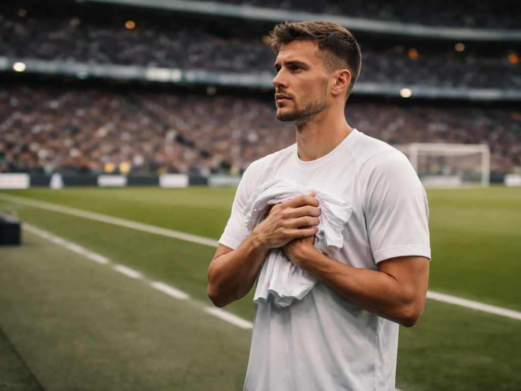 Anonymous footballer on a stadium sideline holding a match jersey, suggesting club salary context.