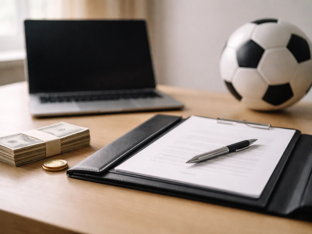 Minimal photo of a soccer transfer fee concept: money, a contract on a desk, and a football near a laptop.