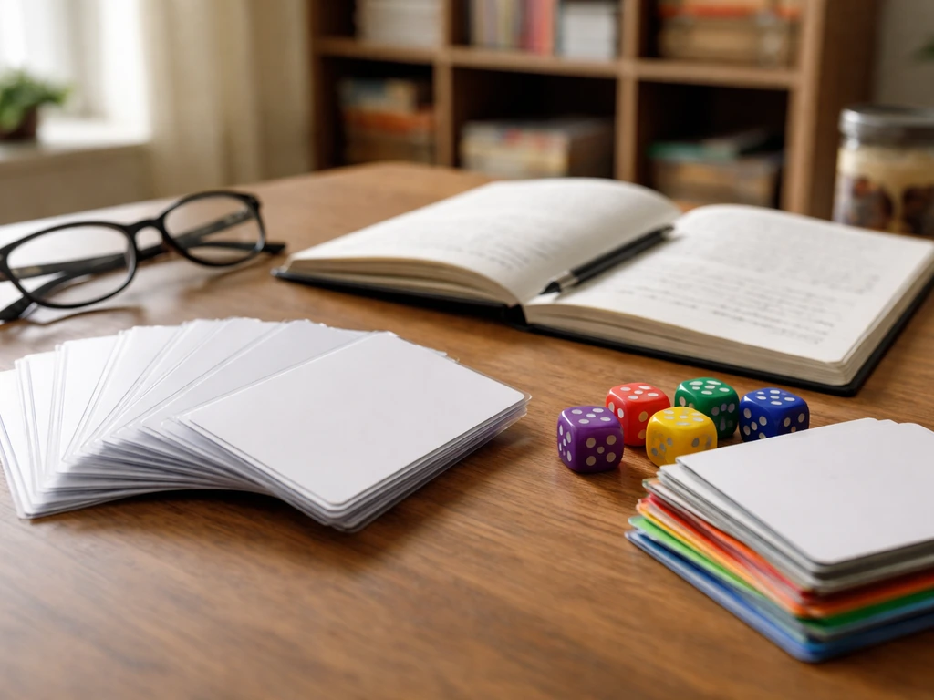 Minimal photo of a board game card deck and designer tools on a desk, symbolizing board game design and media.