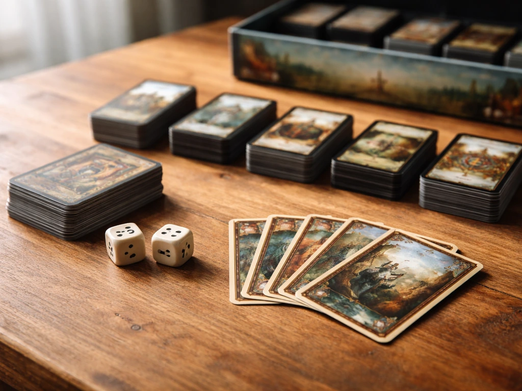 Close-up of Dominion card game components with dice on a wooden tabletop, evoking royalties from a dominant title.