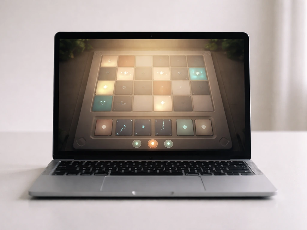 Minimal photo of a laptop showing an abstract digital board-game interface for Dominion-style digital adaptation.