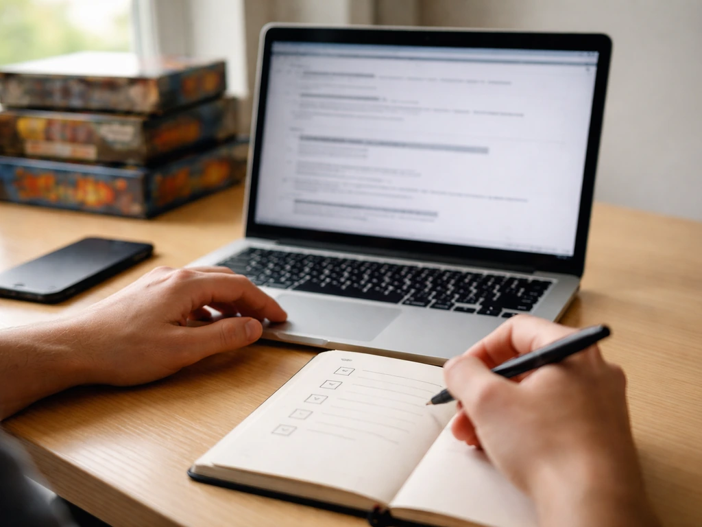 Person reviewing board game ownership records on a laptop with a notebook in a quiet home office