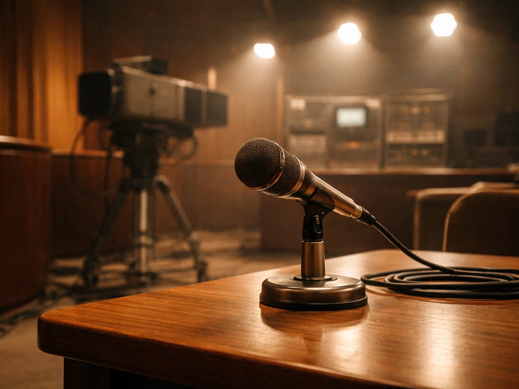 Empty vintage Italian broadcast studio with studio lights and microphone on a desk, symbolic media presence.