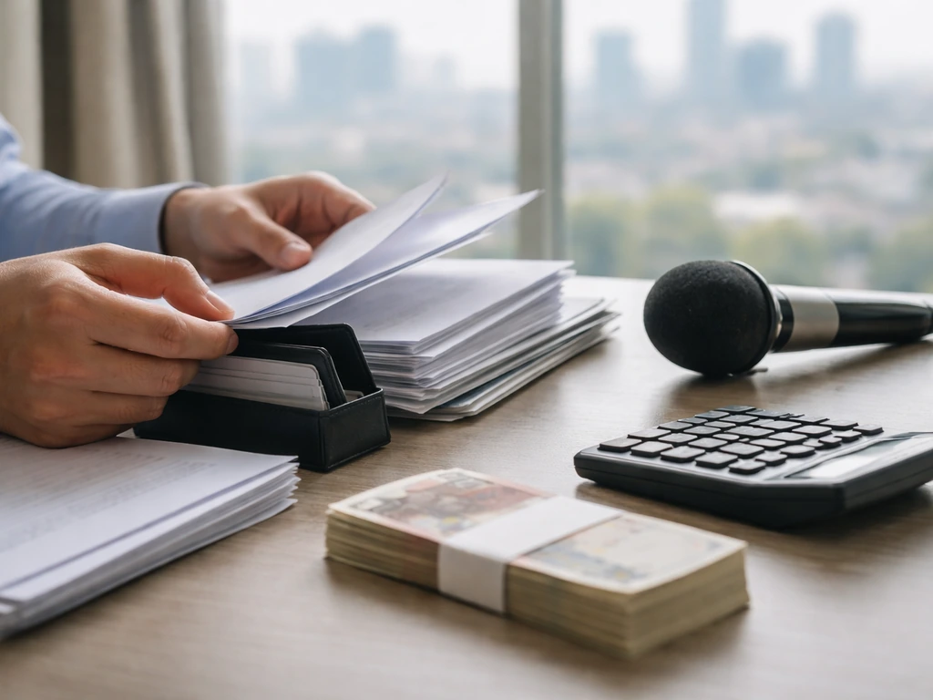 Minimal newsroom desk with documents, microphone, and euro cash suggesting media-driven wealth analysis.