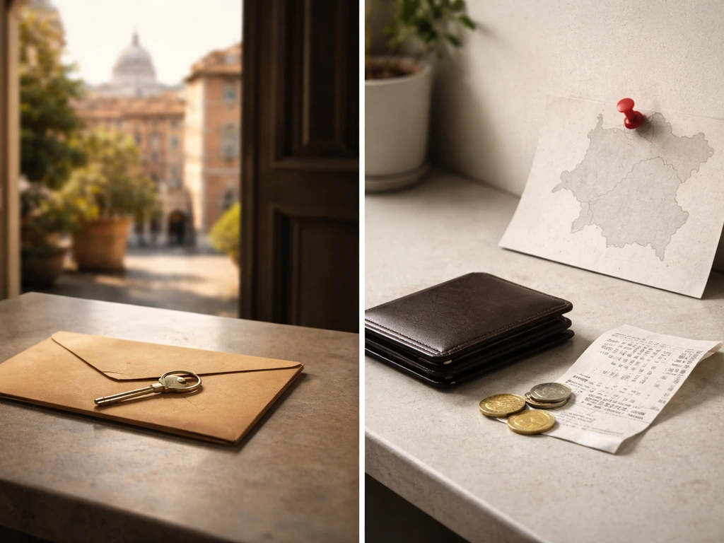 Split photo: Rome property cues with key and envelope on one side, wallet and coins on the other.