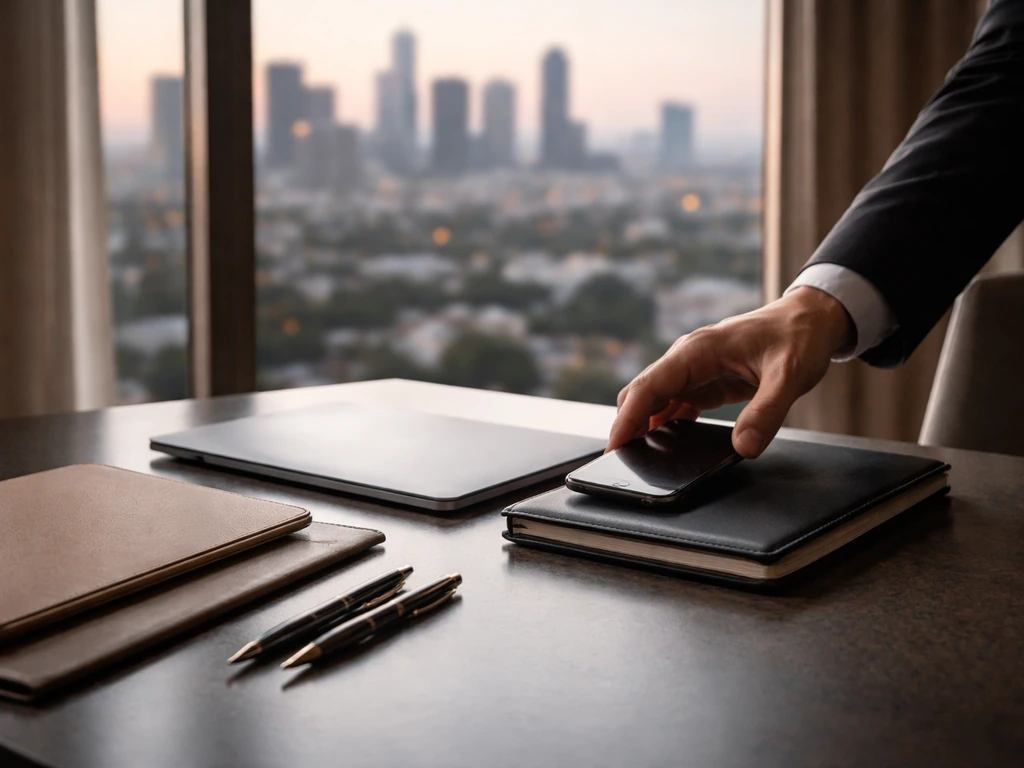 Anonymous executive desk in Los Angeles at dusk, with laptop and phone suggesting business net-worth analysis.
