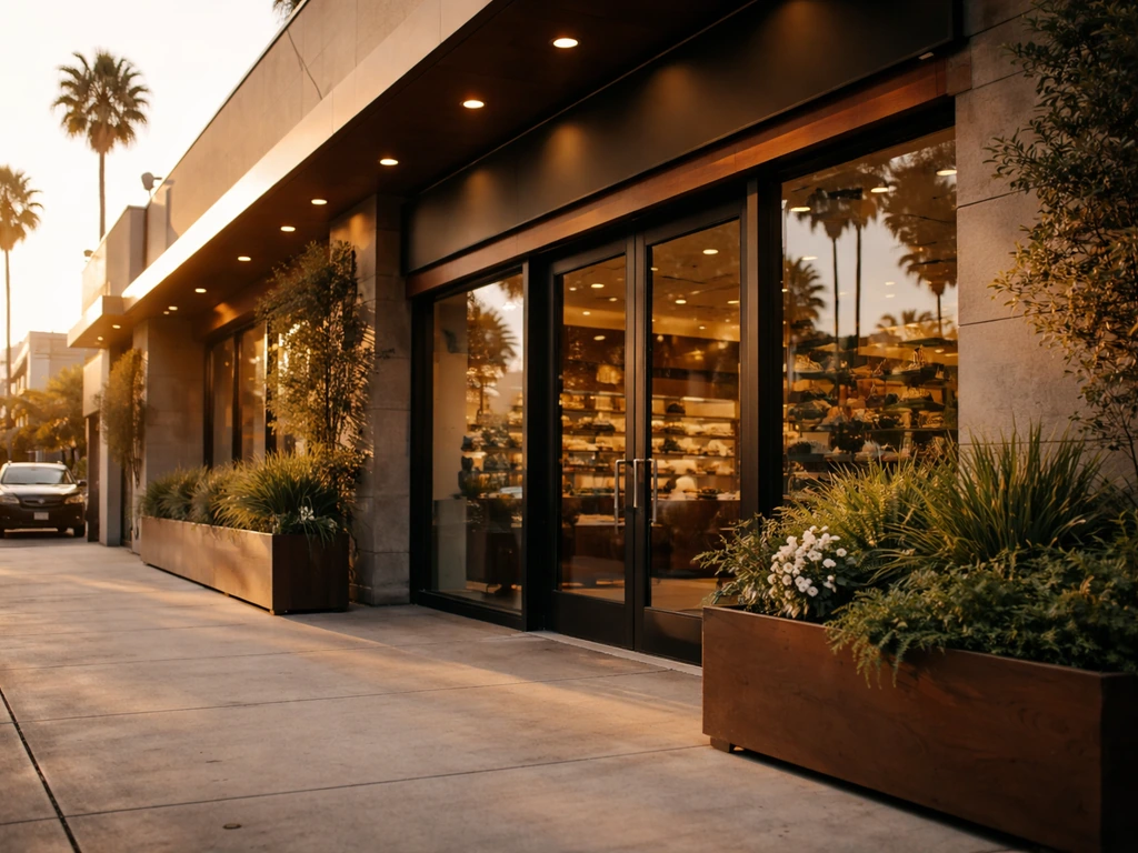 Quiet Erewhon-style Los Angeles storefront exterior with warm light and a businesslike street scene.