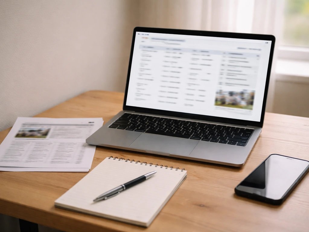 Laptop on a desk with blurred property-record search screen and audit materials in natural light.