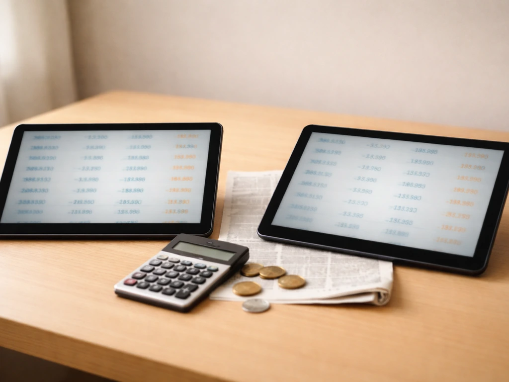 Two tablets with blurred financial figures beside a calculator and coins on a simple desk.