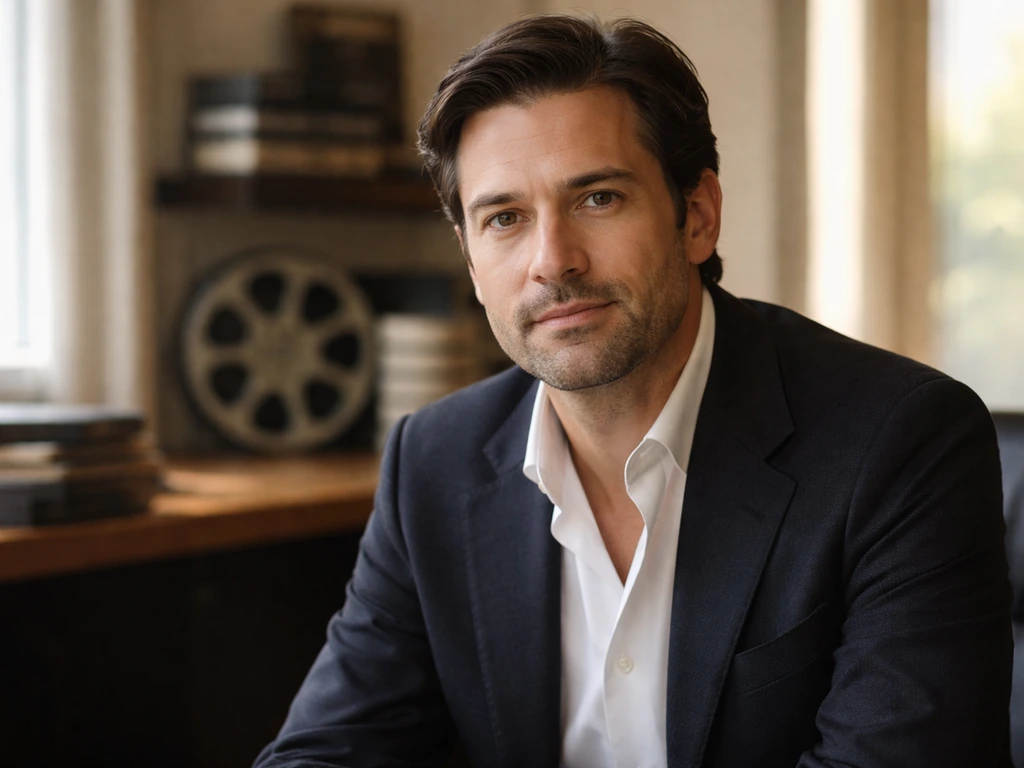 Italian film producer in a classic studio office setting with warm natural light