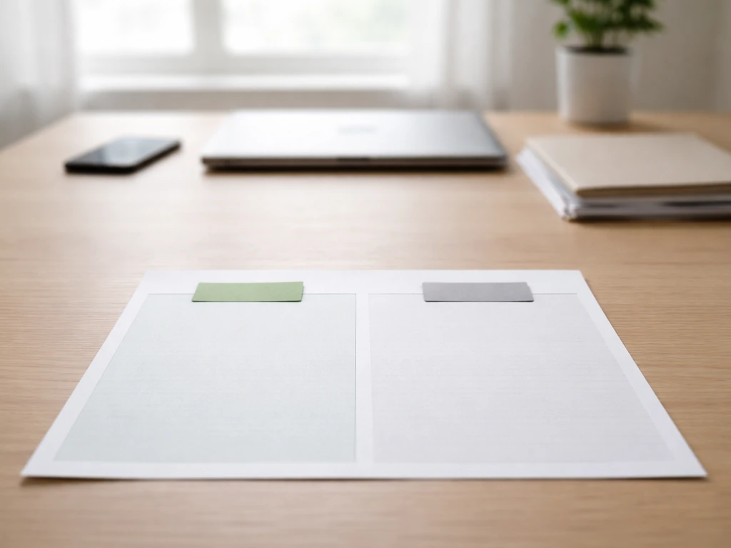 Desk setup with blank documents and color-tinted sticky tabs suggesting what’s included vs left out