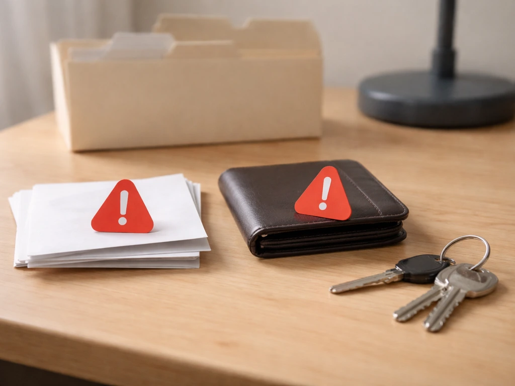 Minimal desk scene with generic asset placeholders and red warning symbols indicating excluded, undocumented items.