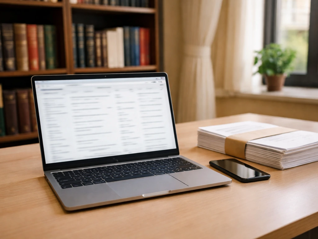 Minimal office desk with laptop, smartphone, and documents suggesting research in insolvency records.
