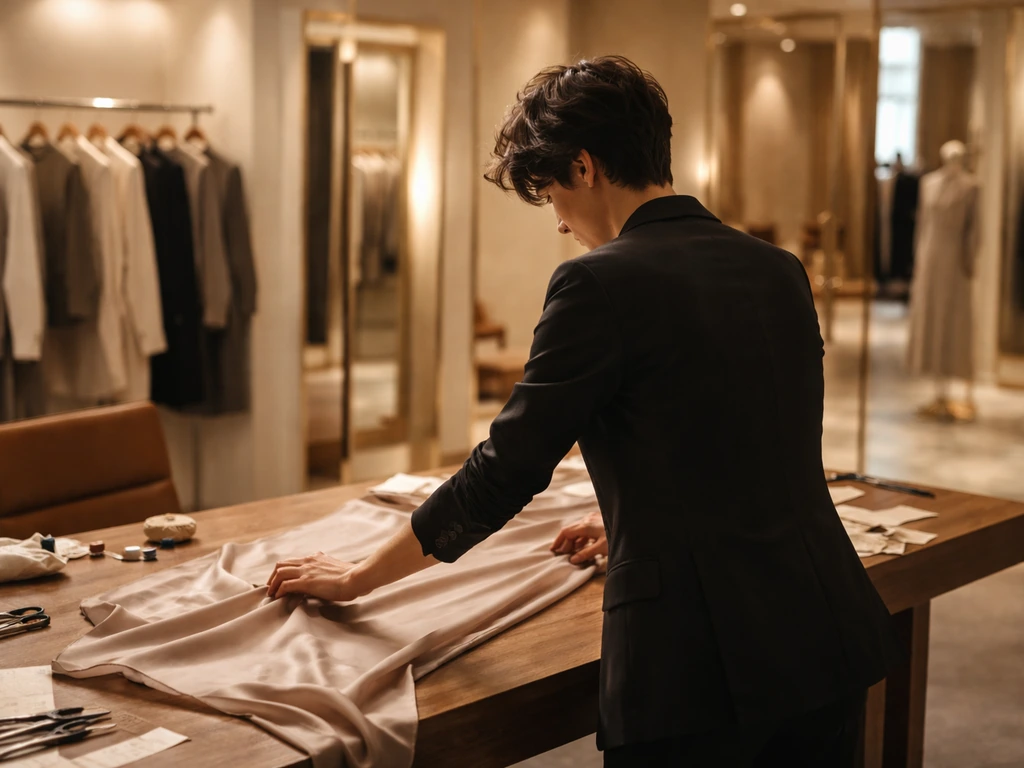 Luxury fashion designer adjusts fabric in an upscale boutique atelier with hanging garments in soft focus.