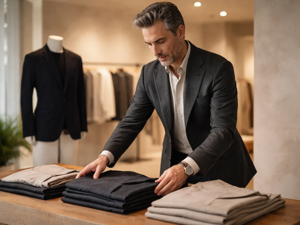 Italian luxury fashion designer in a minimalist boutique, mannequin in background, tailored garments and warm lighting.