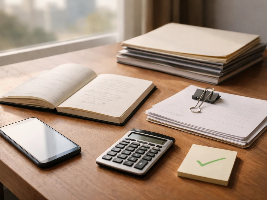 Minimal desk scene with calculator, notebook, and blank media inputs suggesting a bottom-up net worth estimate.