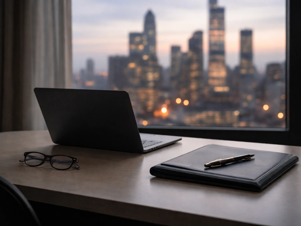Minimal desk scene with laptop and pen, with blurred New York city skyline suggesting asset management analysis.