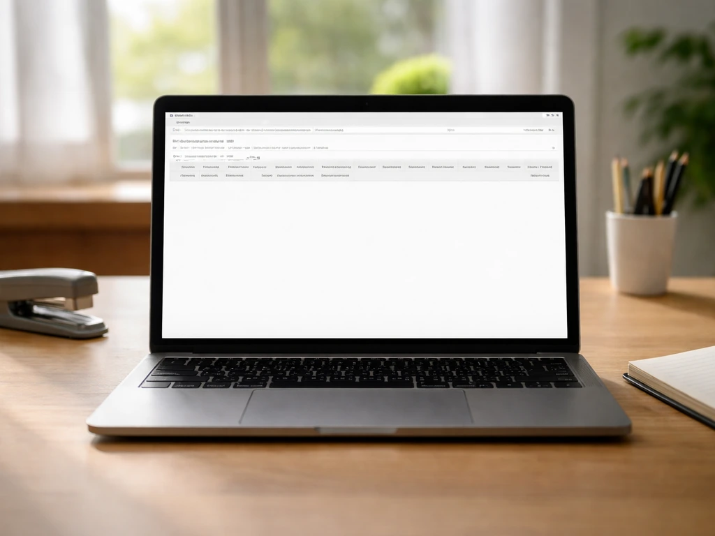 Close-up of a laptop showing an SEC EDGAR-like filing search page with no readable text, office desk setting.