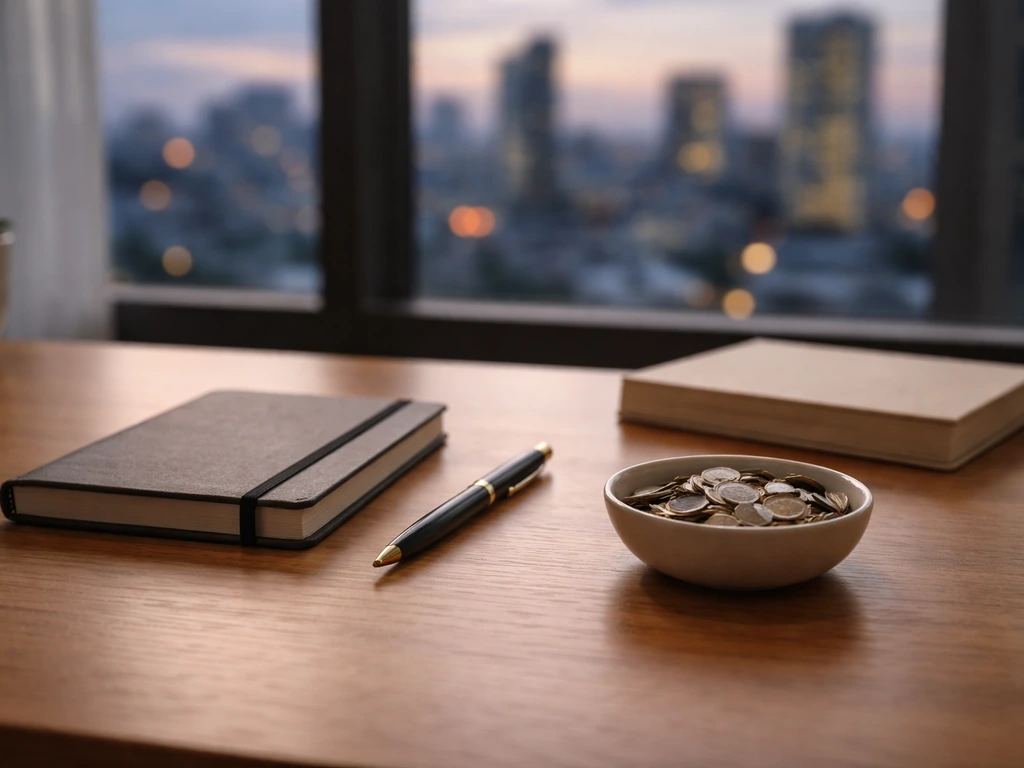 Minimal office desk with a notebook, scattered coins, and a blurred city view symbolizing net worth estimates.