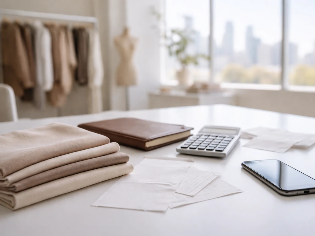 Minimal desk scene with fashion fabric, a calculator, and scattered receipts symbolizing net worth inputs.