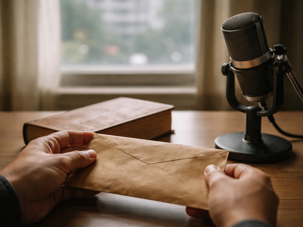 Retired detective themed scene: anonymous hand holding a vintage money envelope beside a book and microphone