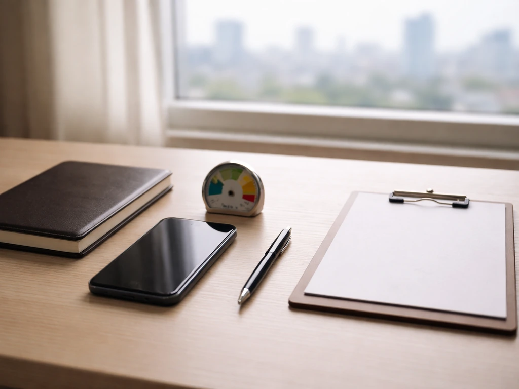 Minimal desk scene with a confidence gauge and money-related finance objects, suggesting no published estimate.