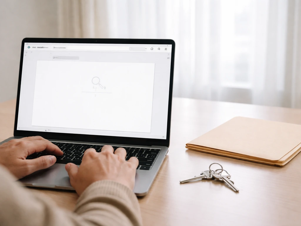 Minimal desk scene with a laptop showing an empty search results page and a closed folder