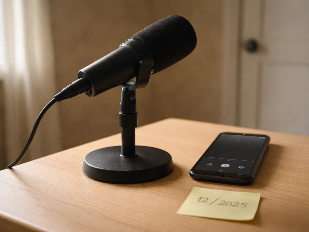 Podcast studio scene with a microphone and a late-2025 timestamp-like marker to suggest tracking updates.