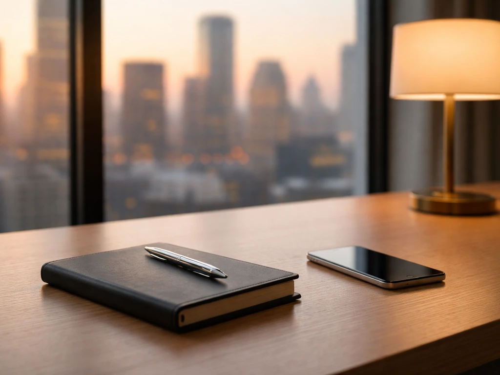 Minimal photo of a luxury office desk with notebook, pen, and blurred city skyline—symbolizing an Italian operations exe