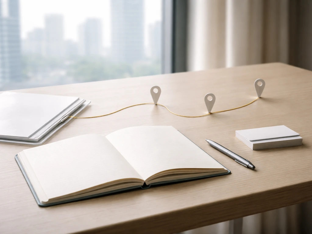 Minimal office desk with an open notebook and gold thread loop linking blank markers, symbolizing career transitions.