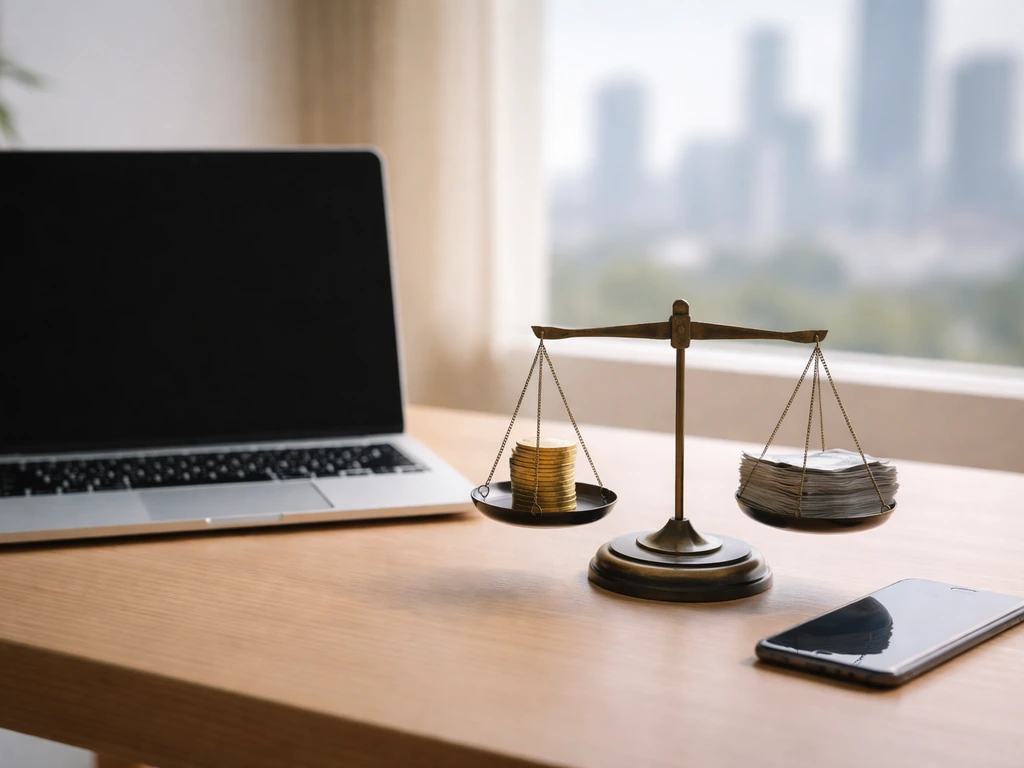Minimal desk scene with coins on a balance scale and business tools, symbolizing net worth range uncertainty.