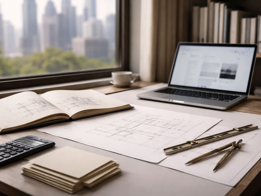 Architectural studio desk with drafting tools, blueprint paper, calculator, and city view through window.