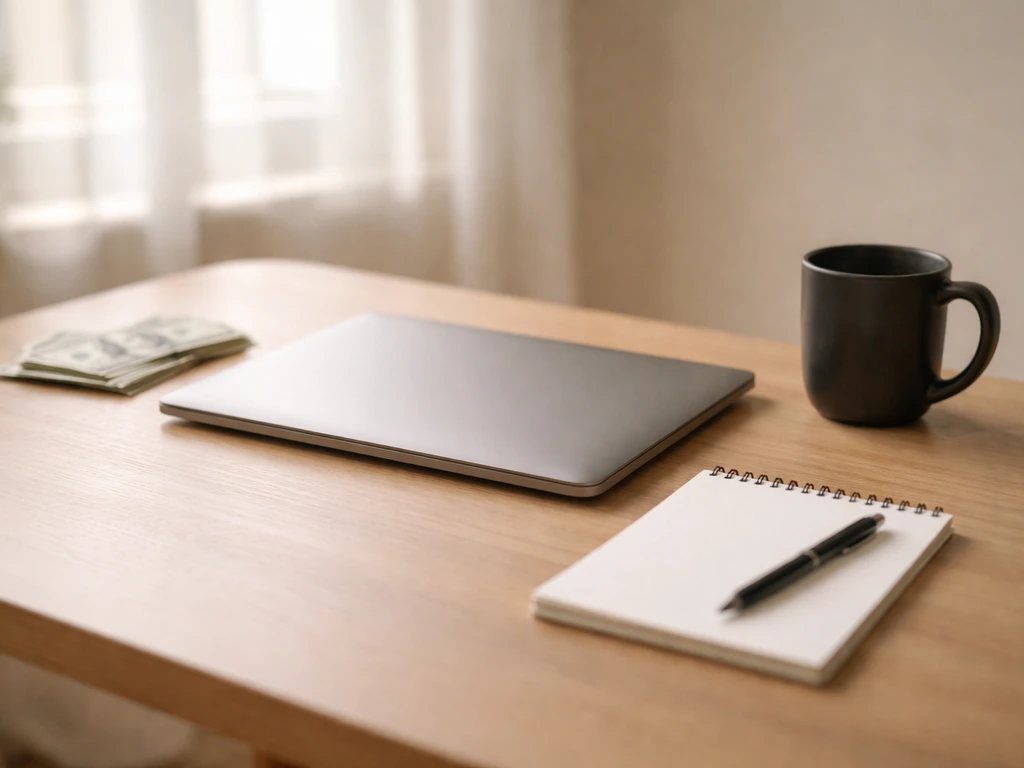 Minimal office desk with scattered cash and a closed laptop, symbolic of net worth estimate ranges