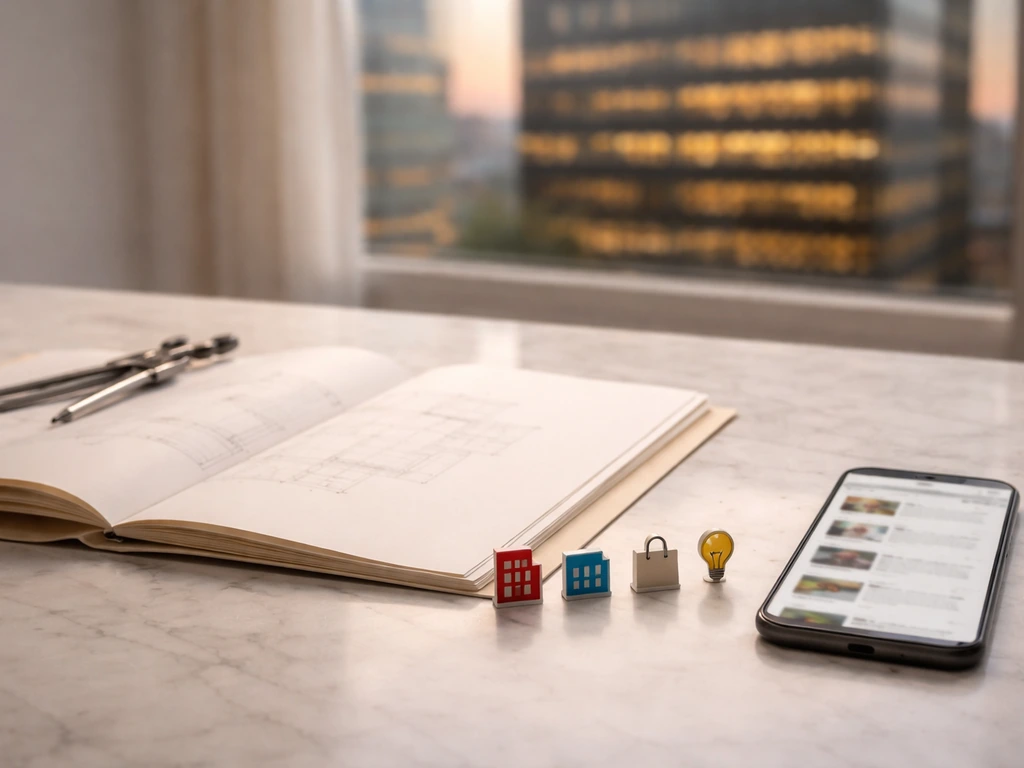 Architect’s desk with tools and a phone blurred in the background, symbolizing career milestones.