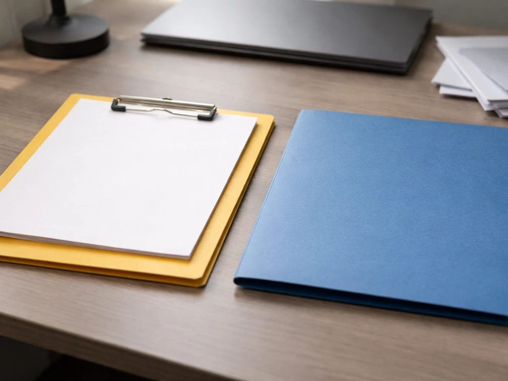 Minimal office desk with a clipboard and two folders separated to suggest known vs unknown business items