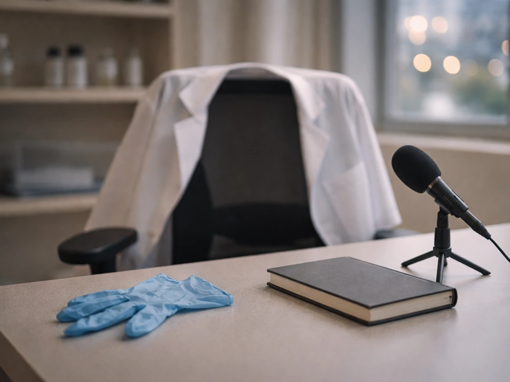 Minimal office scene with a microphone and unlabeled lab items, symbolizing public-profile identity clarification.