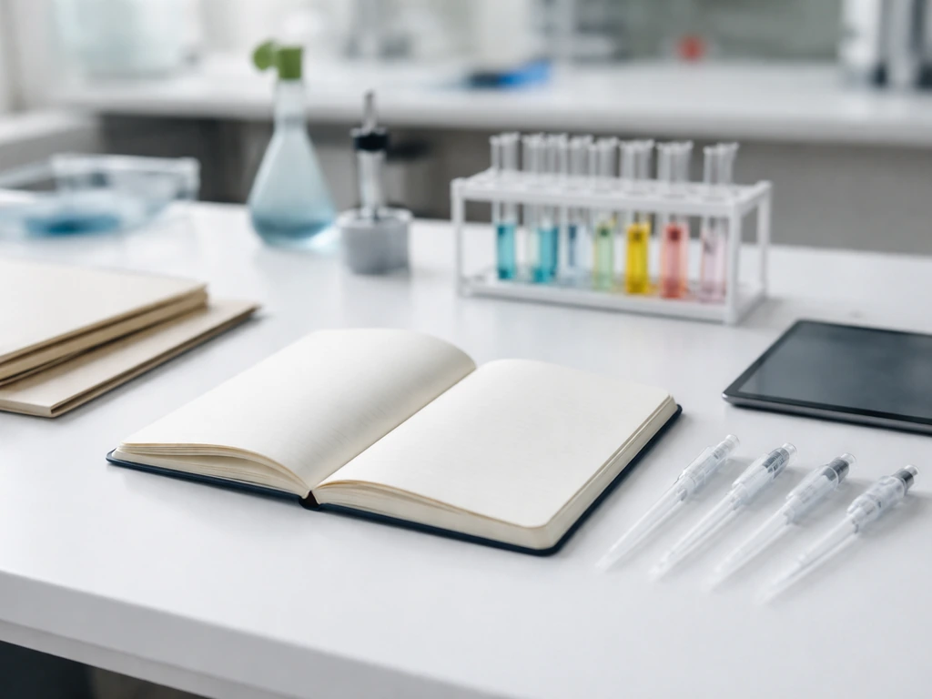 Clean lab bench with pipettes, open notebook, and document folders suggesting a move into biotech work.