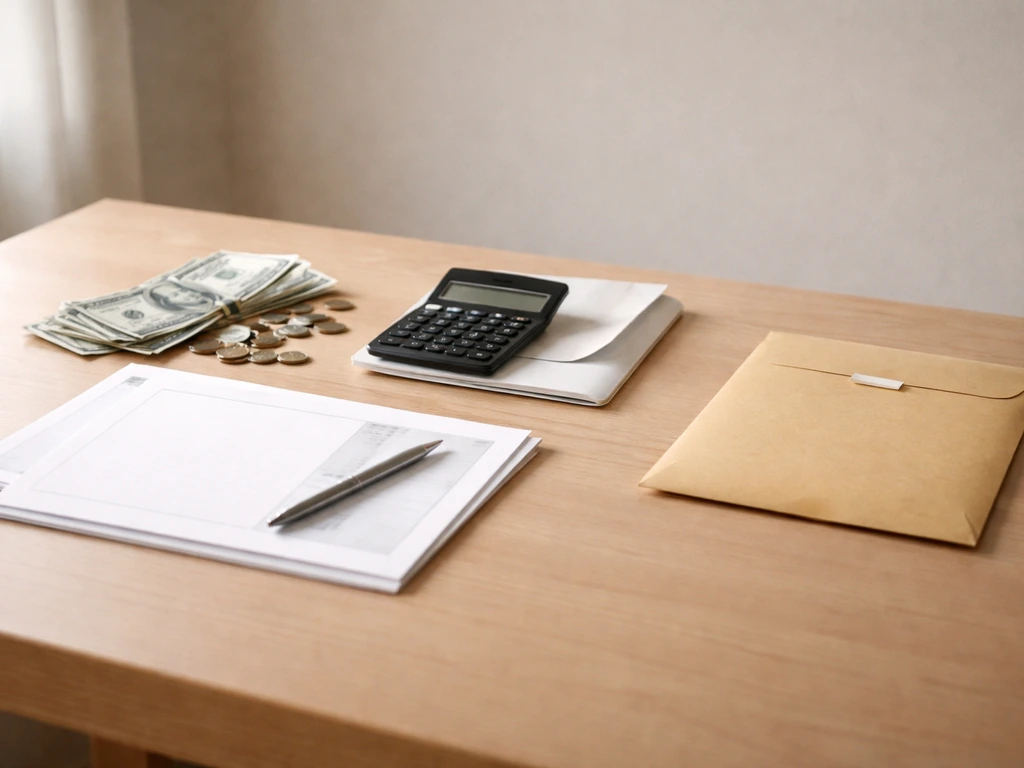 Minimal photo of a desk with money, a calculator, and an open envelope symbolizing assets minus liabilities.