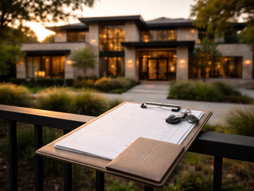Luxury Dallas home exterior with a real-estate clipboard and subtle wealth-themed details