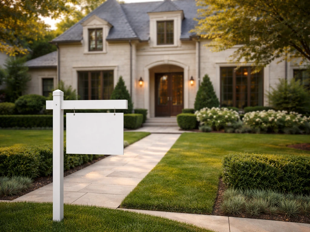 Luxury real estate scene with a Compass-style for-sale sign in front of an upscale home exterior.