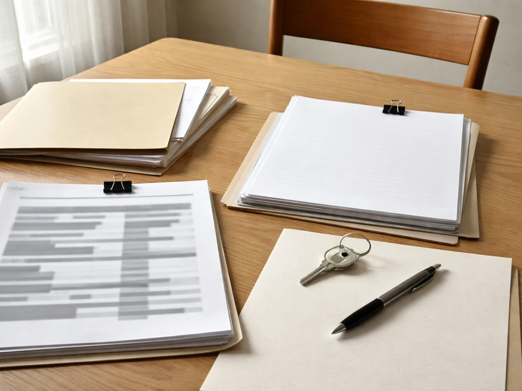 Real estate closing paperwork with a house key on a simple table near a window light