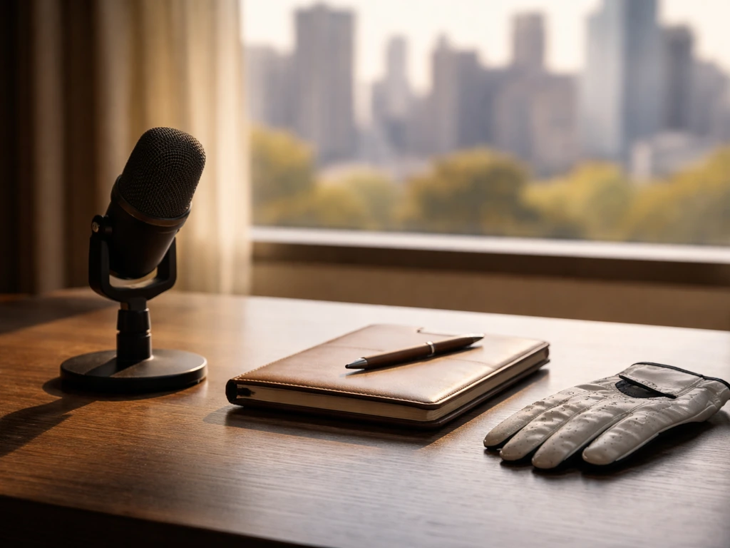 Minimal golf and coaching media workspace with a microphone, notebook, and glove by a window skyline.