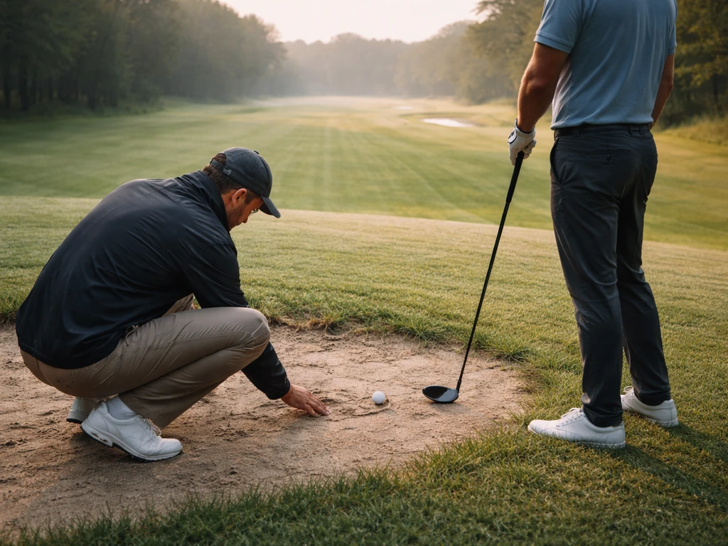 Golf coach and player practicing on a quiet fairway during a focused training session.