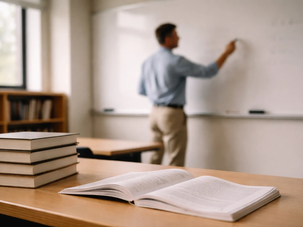 Professor lecturing in a quiet classroom with a stack of academic books and journals on a desk