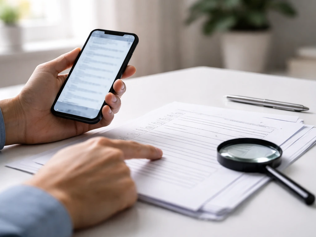 Hands comparing printed documents with a magnifying glass and phone, symbolizing verification and identity checks.